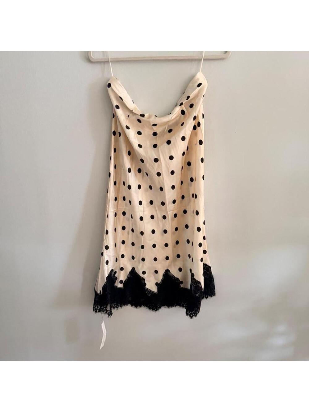 Reformation Carolina Cream Silk Polka Dot Midi Skirt with Black Lace Trim - Picture 6 of 6